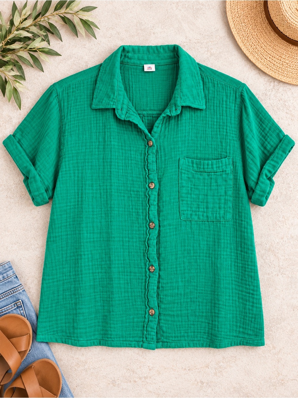 Old Navy 100% Cotton Gauze Waffle Weave Green Boxy Button-Down Shirt SIZE XL